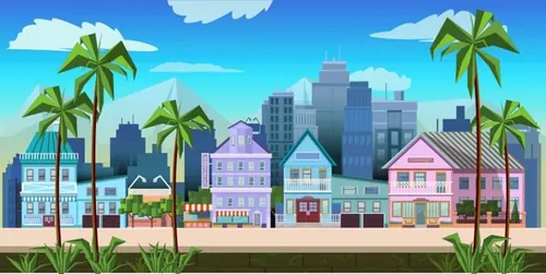 扁平卡通城市高楼风景房屋平面渐变UI海报背景设计素材