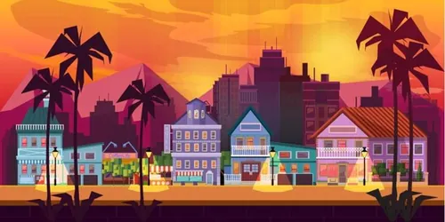 扁平城市高楼风景房屋平面渐变UI海报背景eps矢量设计素材