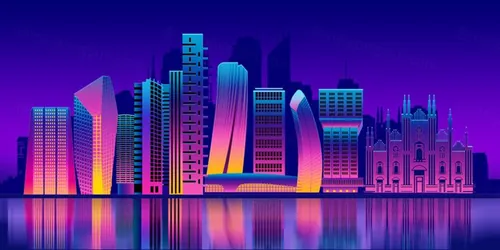 扁平城市高楼风景房屋平面渐变UI海报背景PSD分层设计素材