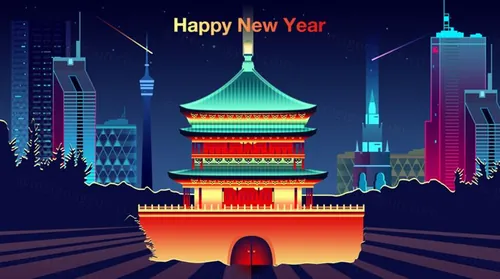 扁平城门高楼风景房屋平面渐变UI海报背景PSD分层设计素材