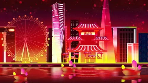 扁平流行配色唐人街城市高楼风景房屋平面渐变UI海报背景设计素材