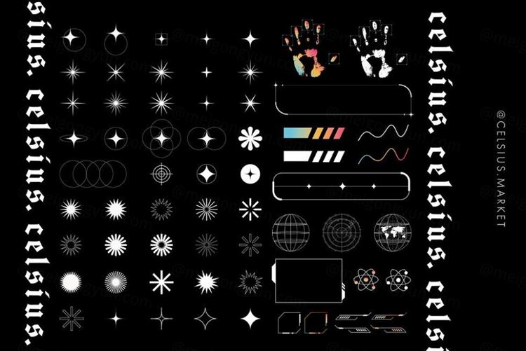 赛博朋克HUD游戏界面和抽象图形矢量插图素材 CELSIUS