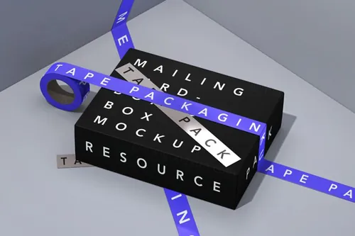 高端品牌包装盒胶带贴图展示样机模板 Tape Psd Cardboard Box Mockup