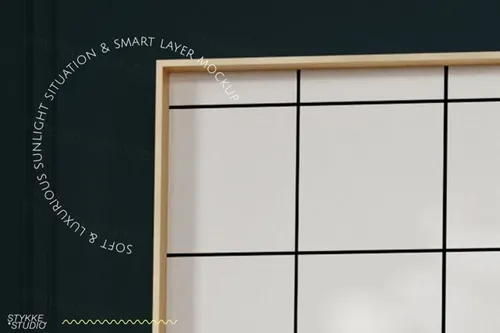 优雅极简主义金色艺术画框样机模板 golden frame mockup in dark blue room interior