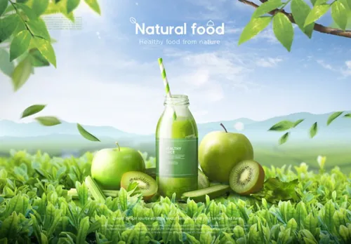 “大自然的馈赠”农场天然绿色有机饮料包装宣传海报广告设计PSD模板