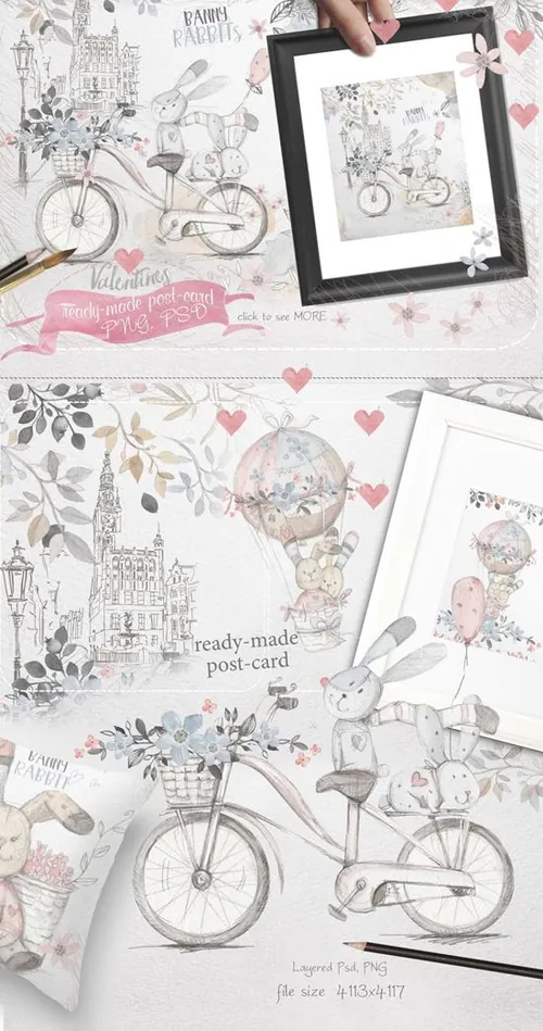 仙女手绘水彩花卉植物和兔子设计素材 Fairy-waterc