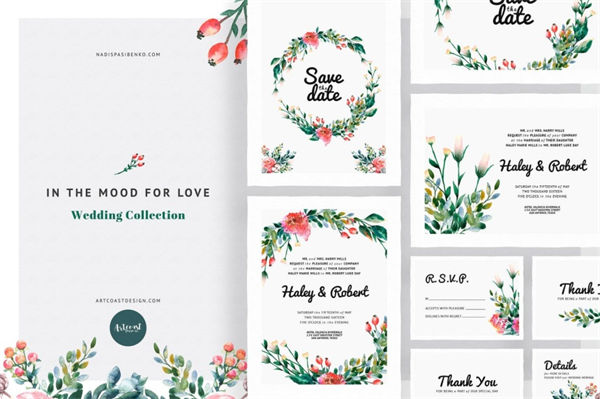 冬日手绘水彩浆果玫瑰森林婚礼请柬邀请函设计模板 In the Mood for Love Invitation