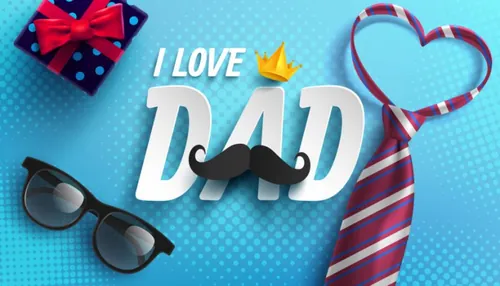 蓝色父亲节快乐领带眼镜礼盒胡子蝴蝶结元素EPS矢量促销海报模板素材