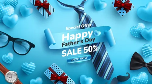 蓝色父亲节快乐领带眼镜礼盒胡子蝴蝶结元素EPS矢量促销海报模板素材