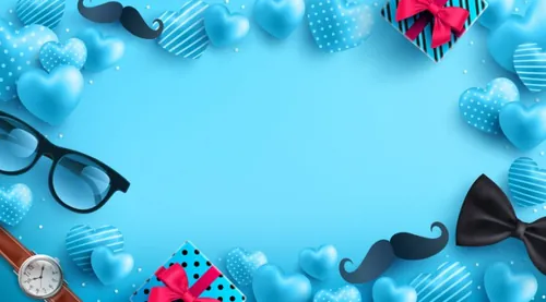 蓝色父亲节快乐领带眼镜礼盒胡子蝴蝶结元素EPS矢量促销海报模板素材