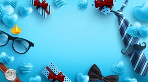蓝色父亲节快乐领带眼镜礼盒胡子蝴蝶结元素EPS矢量促销海报模