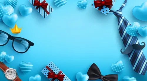 蓝色父亲节快乐领带眼镜礼盒胡子蝴蝶结元素EPS矢量促销海报模板素材