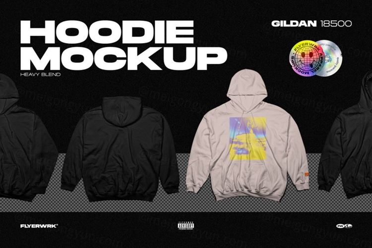 街头潮牌服饰连帽衫卫衣服装设计贴图展示样机模板 Hoodie Mockup - Gildan 18500