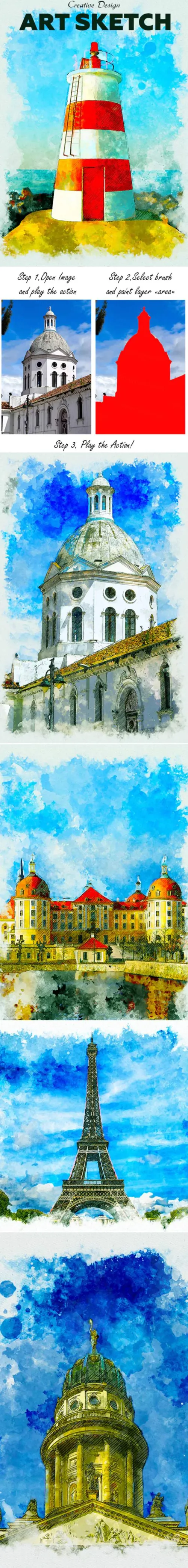 现代水彩绘画艺术素描Ps动作Art Sketch Photoshop Action