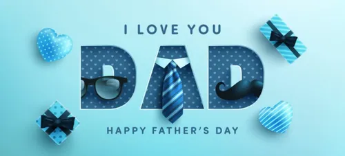 蓝色父亲节快乐领带眼镜礼盒胡子蝴蝶结元素EPS矢量促销海报模板素材