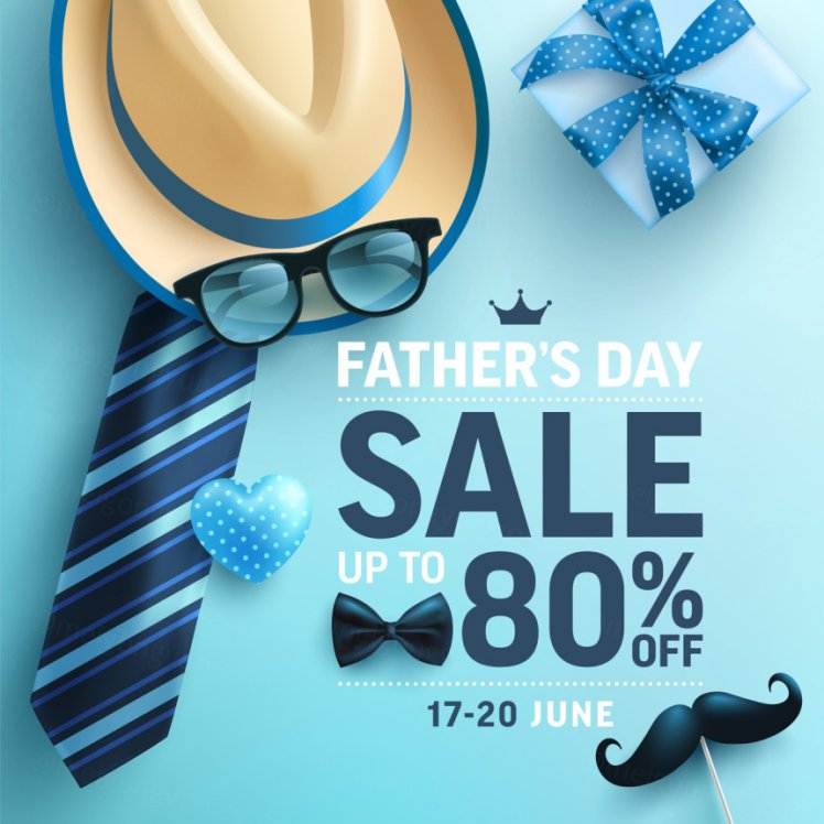 蓝色父亲节快乐领带眼镜礼盒胡子蝴蝶结元素EPS矢量促销海报模板素材