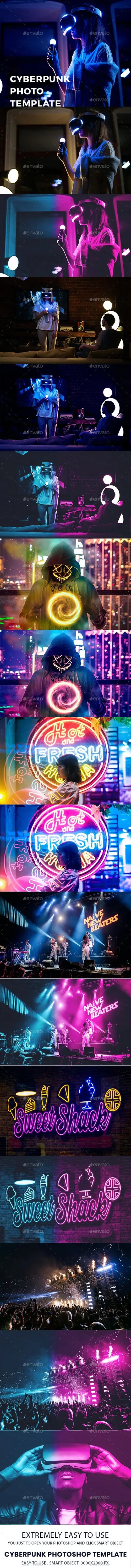 电影级抽象赛博朋克创意效果PS素材 Cyberpunk Photoshop Template V2