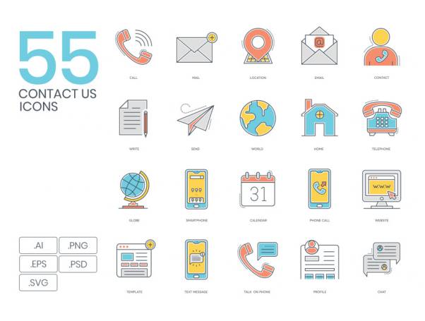 55联系相关的图标套装 Contact Us Color Line Icons