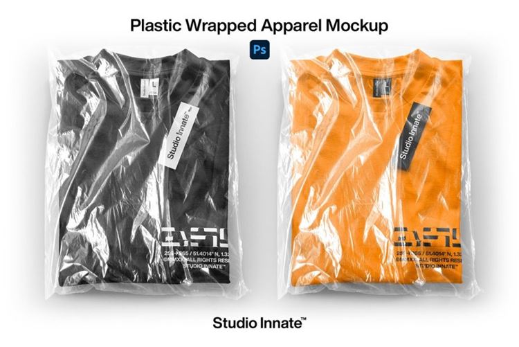 街头潮牌服饰透明快递塑料包装袋设计贴图样机模板 Plastic Packed Garment Mockup