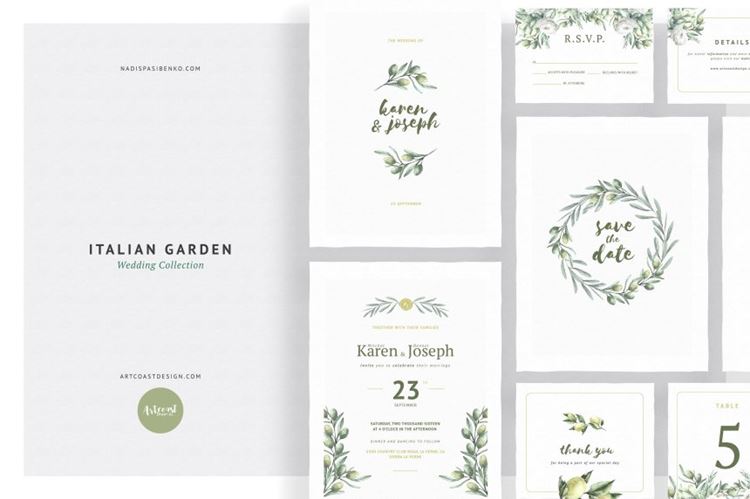一套清新的婚礼邀请函卡片矢量模版 Italian Garden Wedding Collection