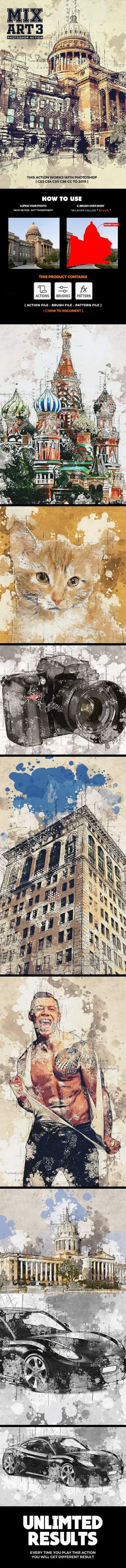 复古建筑艺术水彩混合艺术ps动作下载Mix Art 3 Photoshop Action