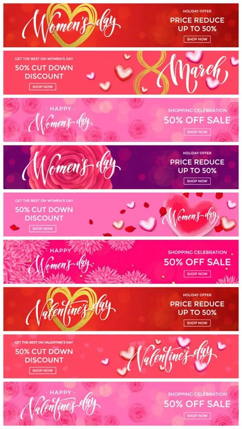 38妇女节网站横幅金色红心鲜花促销折扣banner矢量模版