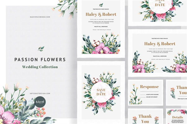 春季手绘水彩花卉婚礼请柬邀请函矢量设计模板 Passion Flowers Invitation