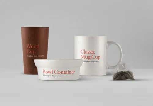 带有经典psd茶杯，碗和木杯样机 Tableware Psd Mockup Vol8