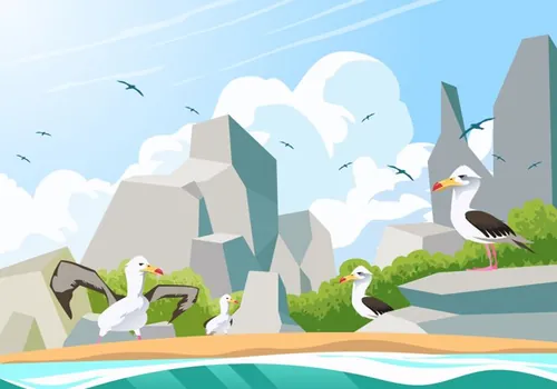 岩礁上的信天翁鸟矢量插图Albatross Birds On Rocky Beach Vector