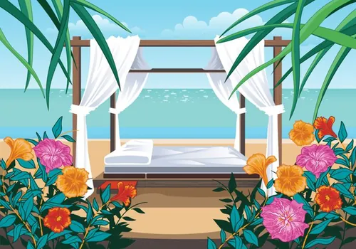 美丽海滩和鲜花小屋度假矢量插图A Beautiful Beach And Cabana