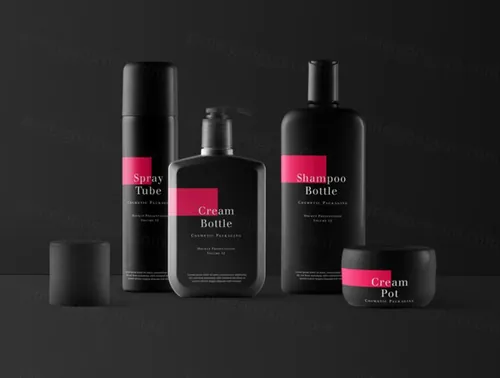 一套带有p发胶瓶，霜罐和瓶子的化妆品包装psd样机 Psd Cosmetic Packa...