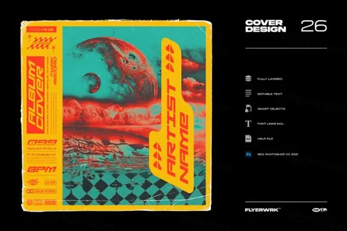 潮流酸性艺术音乐黑胶唱片封面宣传海报PSD模板 COVER