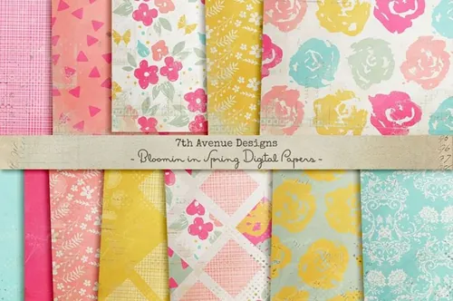 手绘插画复古纹理无缝背景Bloomin in Spring