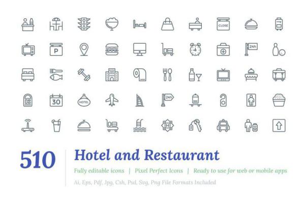 酒店和餐厅的图标素材Hotel and Restaurant Line Icon