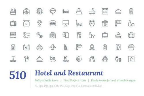 酒店和餐厅的图标素材Hotel and Restaurant Line Icon