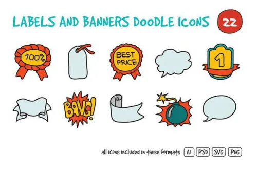 标签和横幅涂鸦图标素材 Labels and Banners Doodle Ic