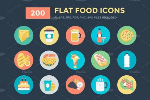 200个扁平化食物矢量图标素材 200 Flat Food Vector Ico