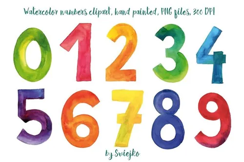 手绘水彩字母设计素材Watercolor Numbers