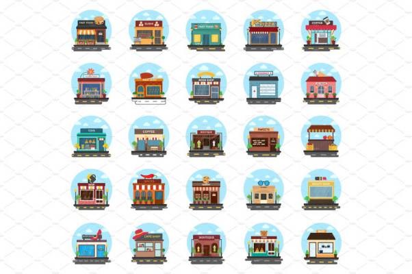 商店和建筑物的平面图标Store and Buildings Flat Icon