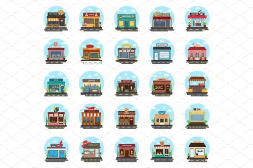 商店和建筑物的平面图标Store and Buildings Flat Icon