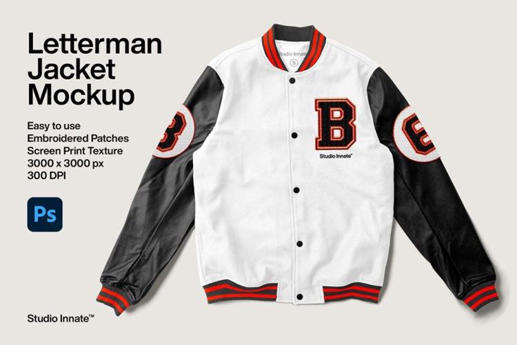 复古橄榄球老式学院校服刺绣图案效果服装设计贴图样机模板 Letterman Jacket Mockup