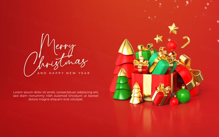 圣诞节新年快乐3D元素装饰红色背景节日促销海报PSD模板