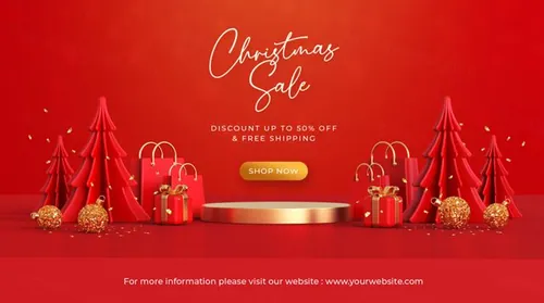 圣诞节新年快乐3D元素装饰红色背景节日促销海报PSD模板