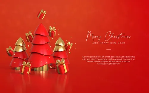 圣诞节新年快乐3D元素装饰红色背景节日促销海报PSD模板