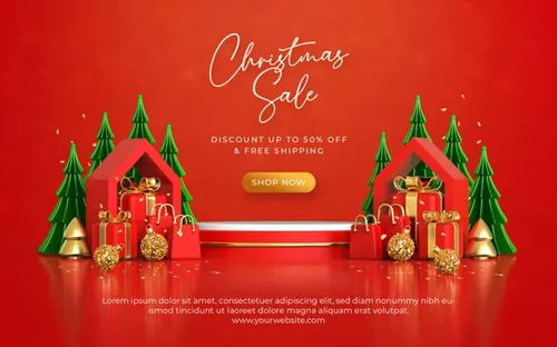 圣诞节新年快乐3D元素装饰红色背景节日促销海报PSD模板
