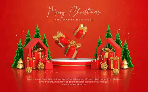 圣诞节新年快乐3D元素装饰红色背景节日促销海报PSD模板