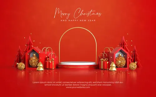 圣诞节新年快乐3D元素装饰红色背景节日促销海报PSD模板