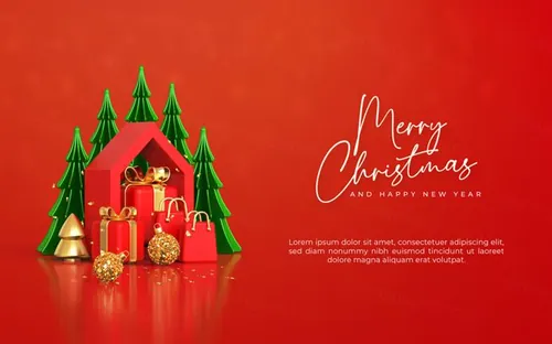 圣诞节新年快乐3D元素装饰红色背景节日促销海报PSD模板