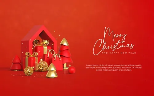圣诞节新年快乐3D元素装饰红色背景节日促销海报PSD模板
