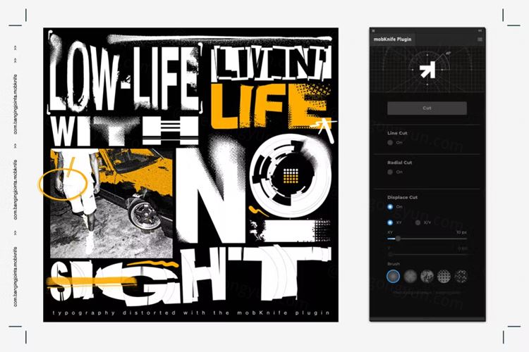 图像文字复古做旧半色调画扭曲割裂旋转效果PS插件 MobKn